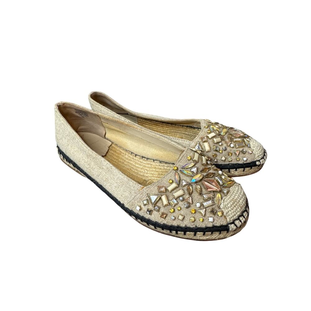 Brian Atwood Hardesty Canvas Rhinestone Capped Woven Espadrile Flat Sz: 6